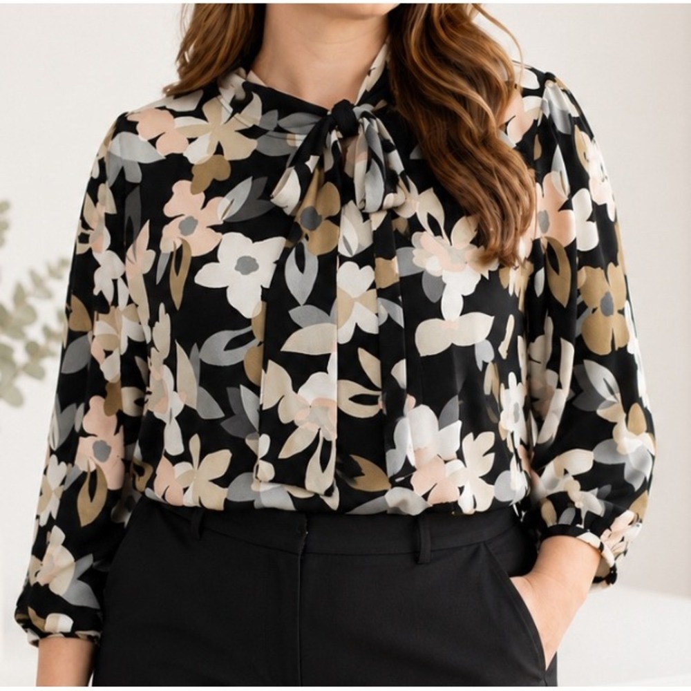 Cato Womens Pussycat Bow Blouse Top Size L 3/4 Sleeve Stretch Floral Career Chic